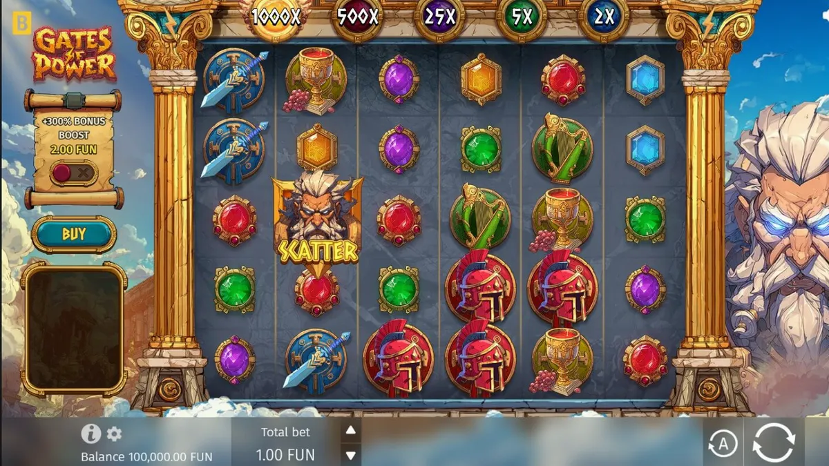 ภาพบรรยากาศเทพเจ้าซุสและสายฟ้าในเกมสล็อต Gates of Power