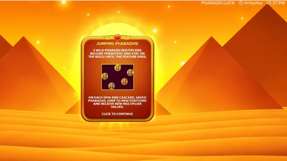 หน้าจอเกมสล็อต Pharaoh Luck ที่แสดงสัญลักษณ์อียิปต์โบราณและตารางการเล่น 5x5